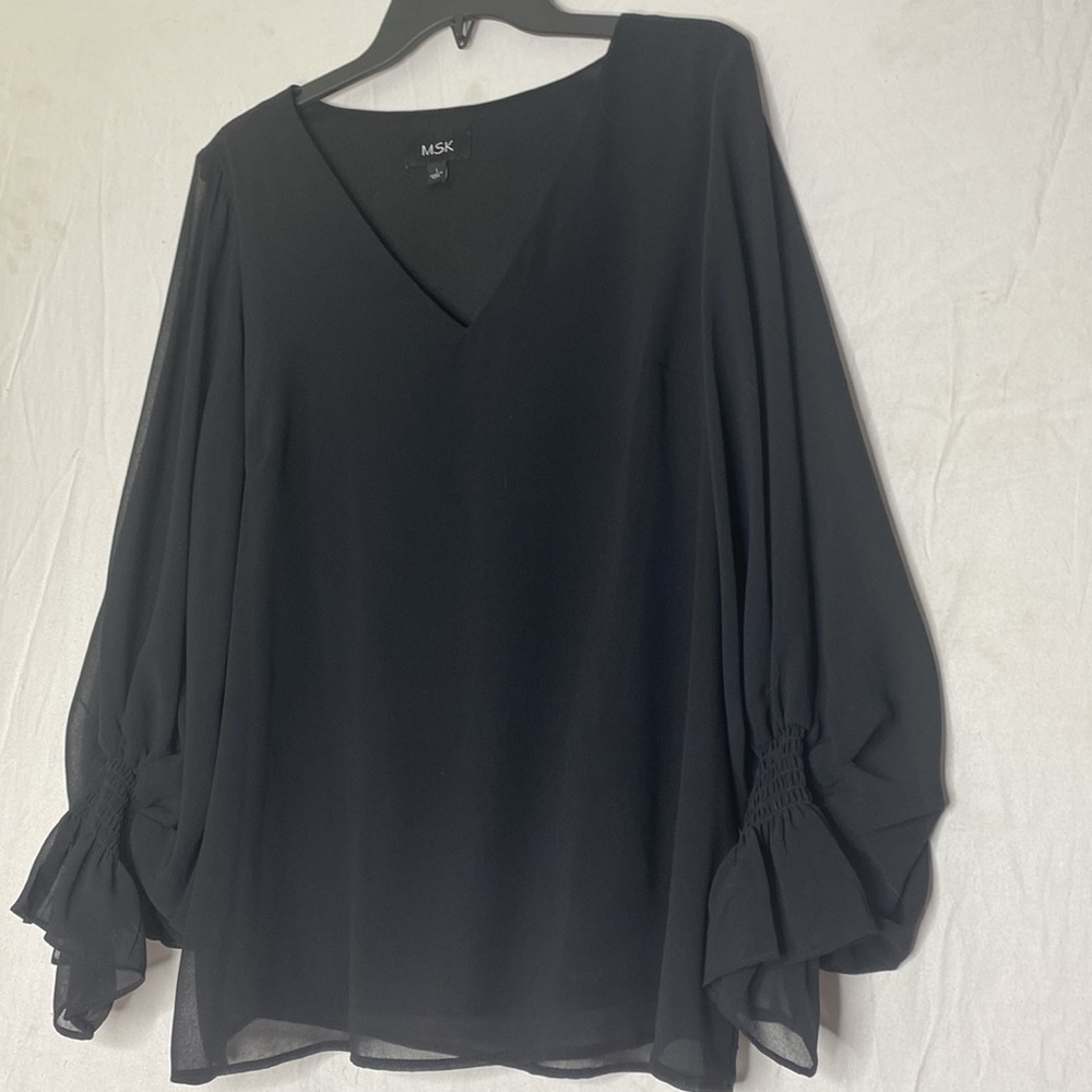 Flowing Black Women’s Blouse Sheer Sleeves, Gathered Wrists, Smocked Cuffs EUC